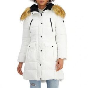 Steve Madden Juniors Faux-Fur-Trim Hooded White Puffer Coat Small New